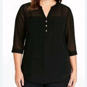 Express Black Sheer Sleeve Blouse woman M roll sleeves  pockets button front